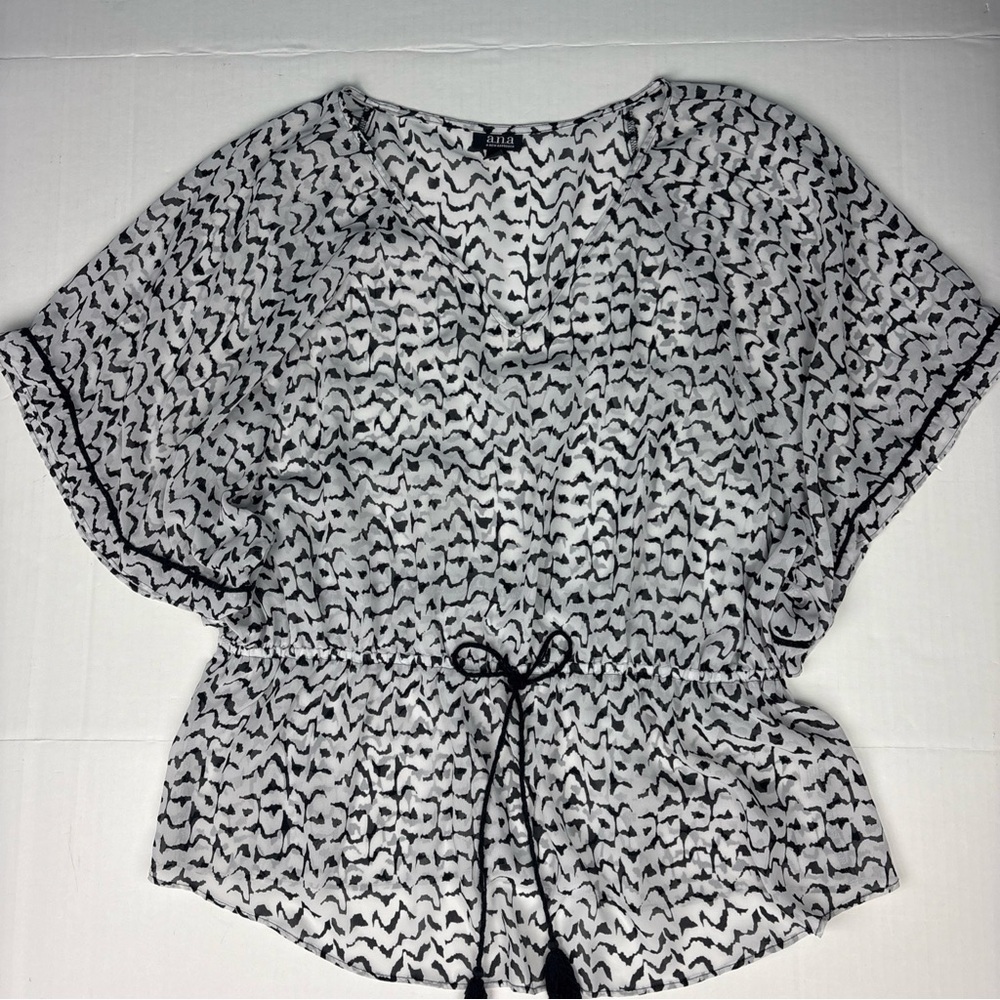 A New Approach Women's XL Shirt Black White Tie Waist Dolman Sheer Polyester